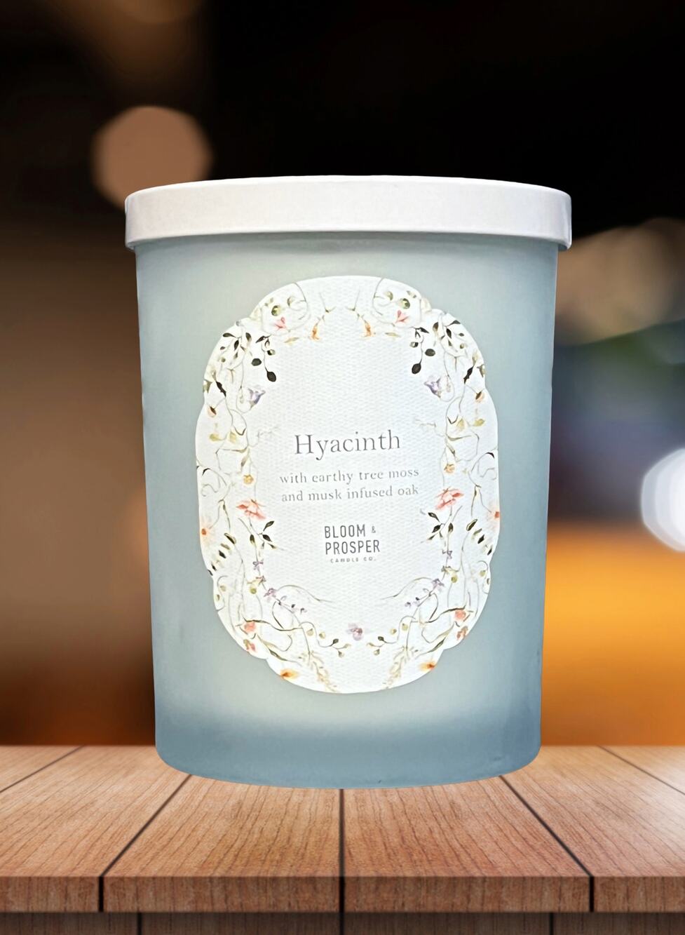 NEW! Bloom & Prosper Hyacinth, Tree Moss, and Musk Candle with Lid 8.8oz